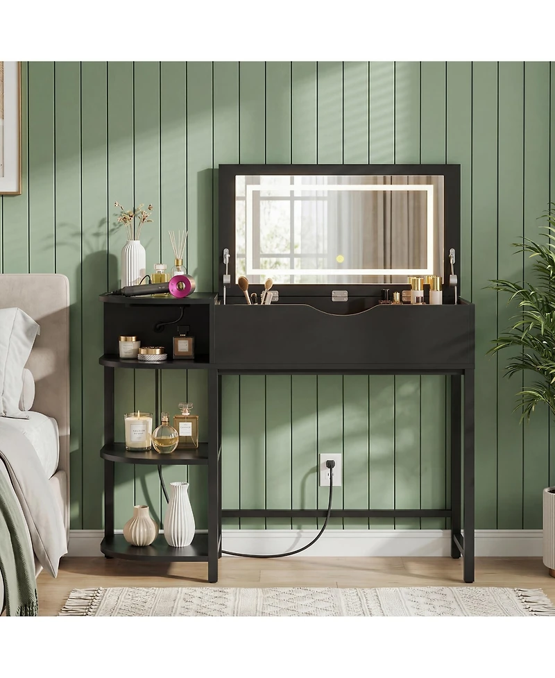 Aheaplus Flip-Top Makeup Dressing Table with mirror and Drawer, Small Vanity Desk Charging Station