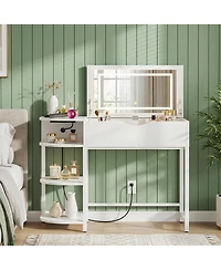 Aheaplus Flip-Top Makeup Dressing Table with mirror and Drawer, Small Vanity Desk with Charging Station