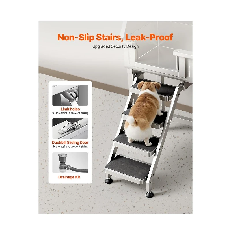 Ruie 34 inch Stainless Steel Dog Grooming Bathtub with Non Slip Stairs and Faucet Left Door