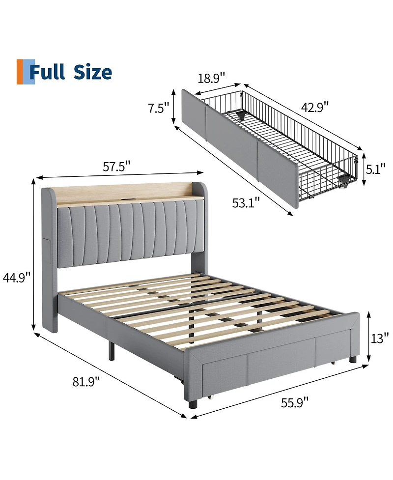 homfan Upholstered Bed Frame with Storage Headboard, Charging Station, Underbed Drawers, Wood Slat Support, No Box Spring Needed