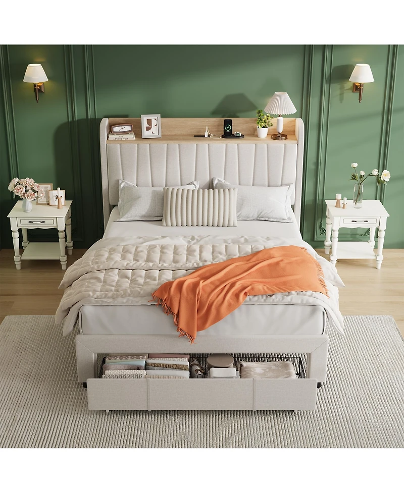 homfan Upholstered Bed Frame with Storage Headboard, Charging Station, Underbed Drawers, Wood Slat Support, No Box Spring Needed