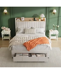 homfan Upholstered Bed Frame with Storage Headboard, Charging Station, Underbed Drawers, Wood Slat Support, No Box Spring Needed