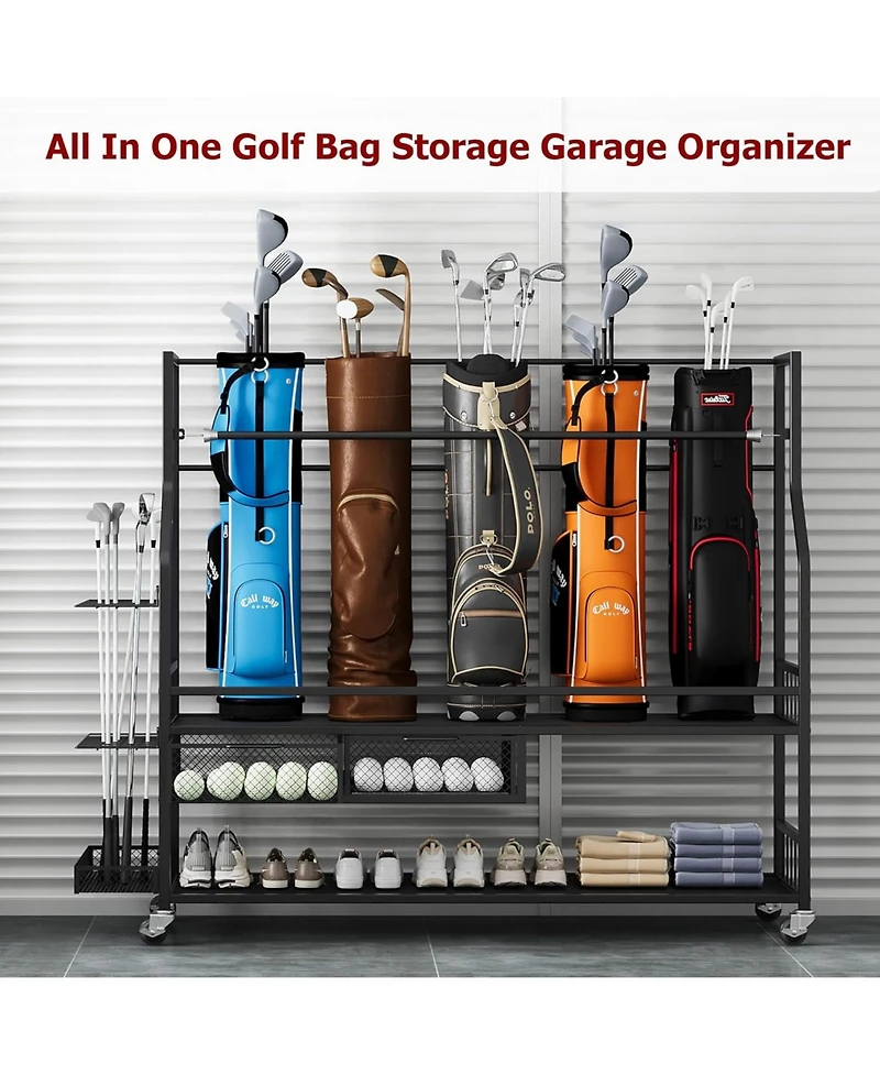 Xo Golf Bag Storage Rack with Drawer and Wheels, Heavy Duty Golf Organizer for Clubs, Balls, Shoes, Garage Storage Stand