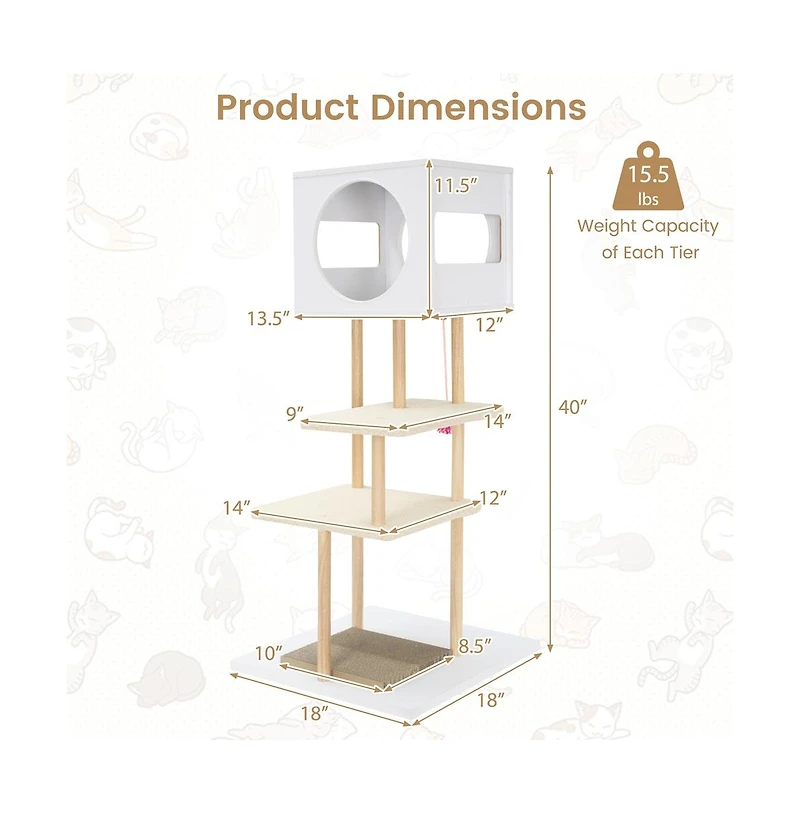 Ruie Tall Wood Cat Tower with 2-Door Condo and Corrugated Scratching Cardboard