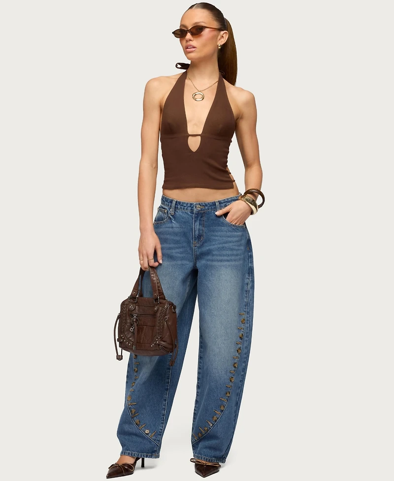 Edikted Womens Button Stitch Low Rise Barrel Jeans