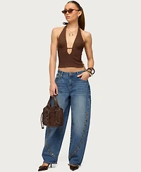 Edikted Womens Button Stitch Low Rise Barrel Jeans