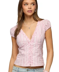 Edikted Women's Georgia Ruffle Striped Button Up Top
