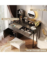 Aheaplus Vanity Desk with Charging Station, Makeup Table Storage Drawers, Cabinet, Shelves