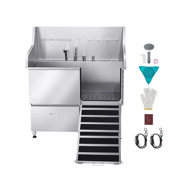 Ruie 50 inch 304 Stainless Steel Dog Grooming Tub with Storage Drawer and Hot Cold Faucet