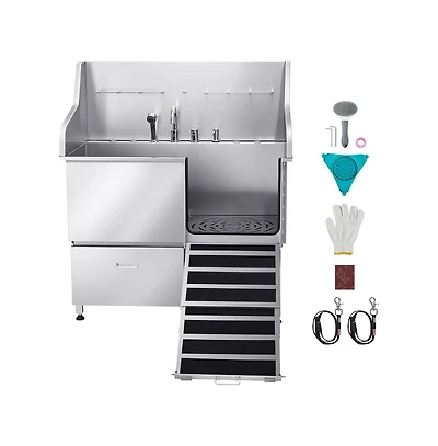 Ruie 50 inch 304 Stainless Steel Dog Grooming Tub with Storage Drawer and Hot Cold Faucet