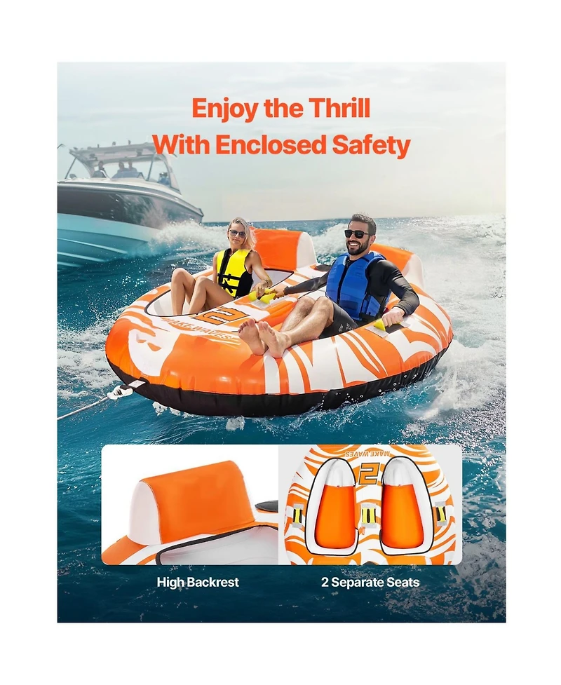 Hikeen 2-person towable water tube with dual cockpits, 340-lb capacity, durable 840D full nylon cover for boating fun.