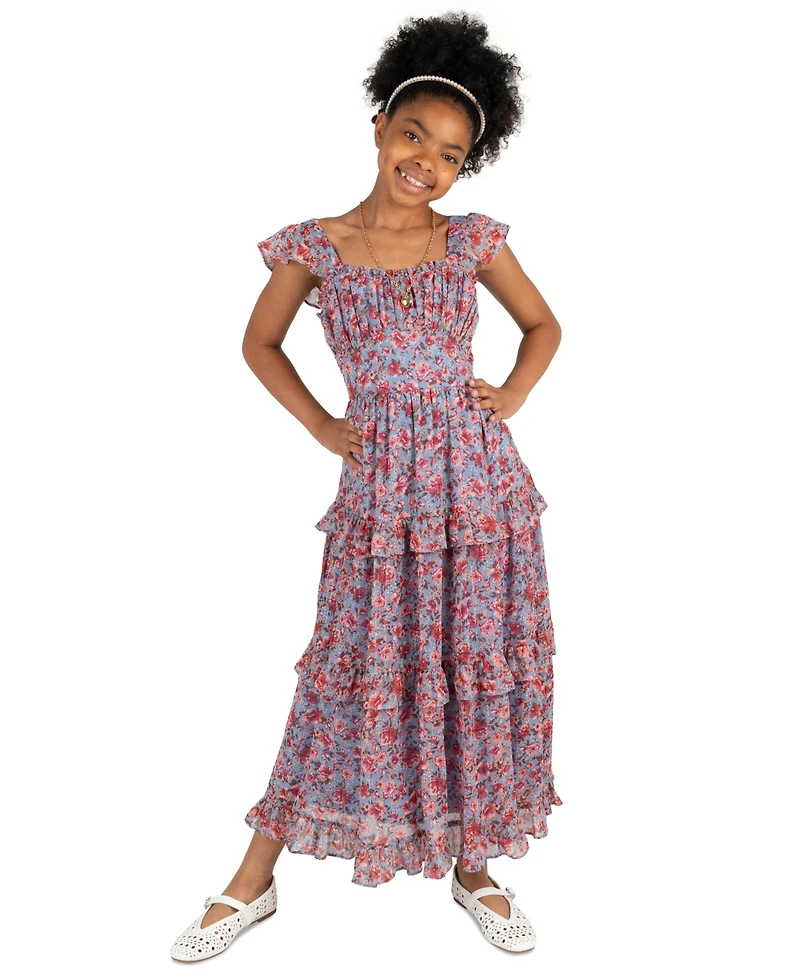 Rare Editions Girls' 7-16 Printed Floral Lurex Chiffon Dress