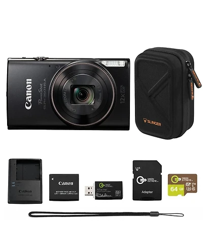 Canon PowerShot Elph 360 Hs Digital Camera Bundle with 64GB microSD Card, Sd Adapter, Usb Card Reader, Slinger Hardshell Camera Case, Battery