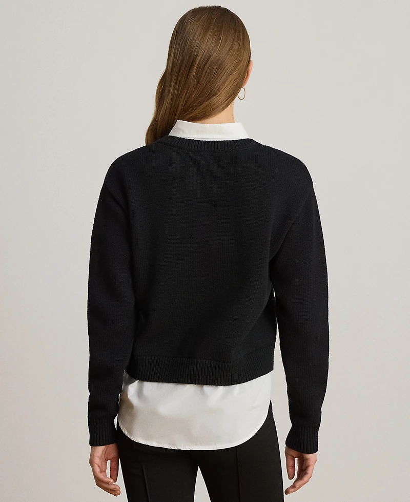Lauren Ralph Petite Layered Button-Trim Cotton Sweater