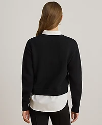 Lauren Ralph Petite Layered Button-Trim Cotton Sweater