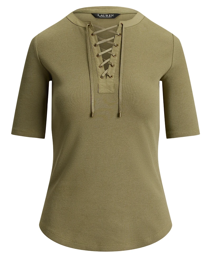 Lauren Ralph Petite Crewneck Lace-Up Ribbed Elbow-Sleeve T-Shirt