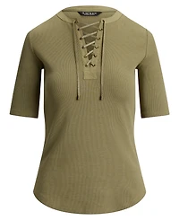 Lauren Ralph Petite Crewneck Lace-Up Ribbed Elbow-Sleeve T-Shirt