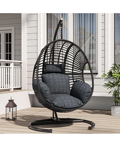 Asagikoiai Outdoor Hanging Rattan Basket Chair with Stand and Cushion for Patio or Balcony