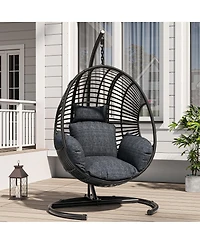 Asagikoiai Outdoor Hanging Rattan Basket Chair with Stand and Cushion for Patio or Balcony
