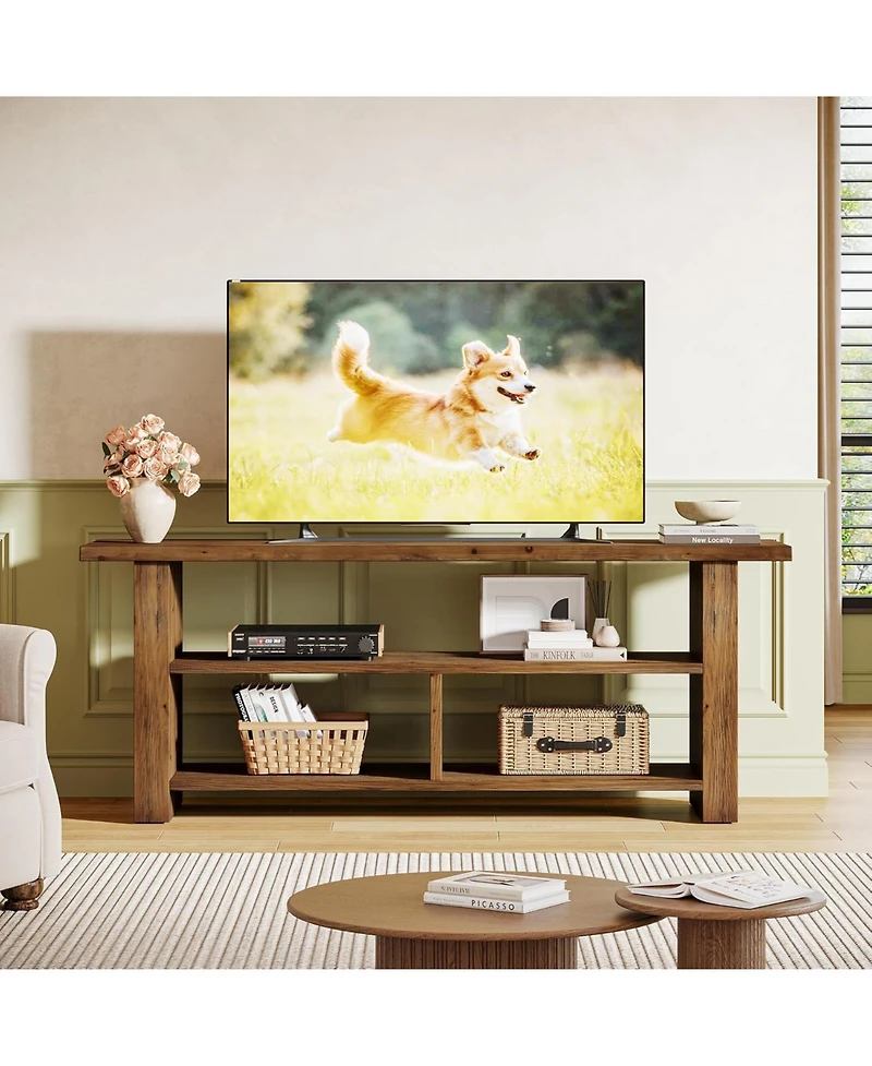 Tribesigns 63" Solid Wood Tv Stand for TVs up to 75 Inch, 3-Tier Farmhouse Wooden Entertainment Center, Low Media Console Television Stands