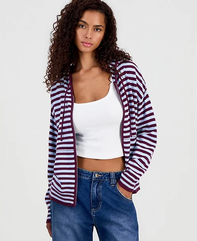 Ultra Flirt Juniors' Striped Full-Zip Hoodie Sweater