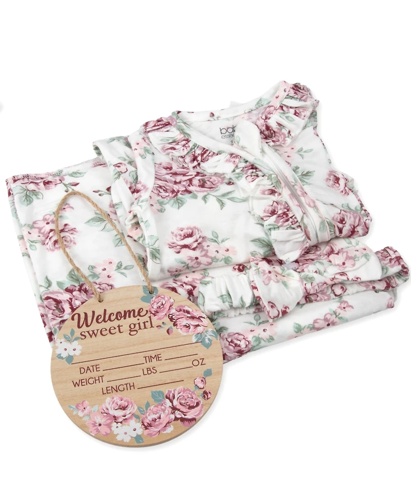 Baby Essentials Girls' Floral Print Coverall, Blanket, Headband and Wood Sign, 4-Piece Set
