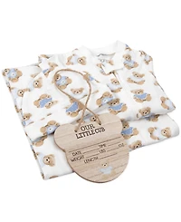 Baby Essentials Boys' Bear Print coverall, Blanket, Hat and Wooden Sign, 4-Piece Set