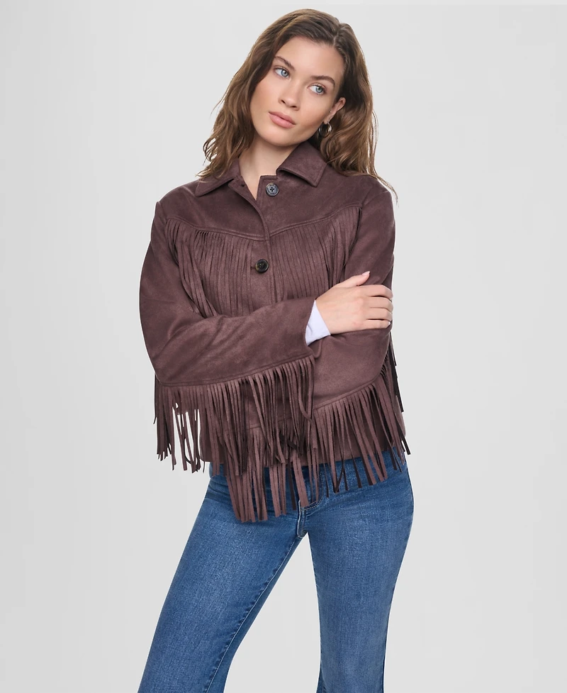 Dkny Jeans Women's Fringe Detail Collared Button-Front Jacket
