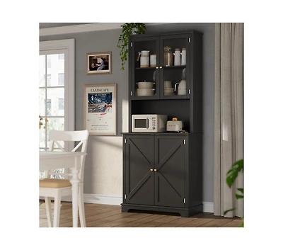 gaomon 72-Inch-Tall Kitchen Hutch Cabinet with Glass Doors, 41-Inch-Wide Freestanding Storage Cabinet with Charging Station and Led Lights