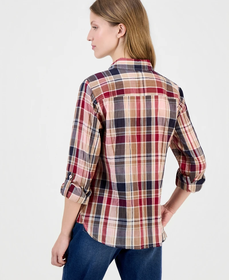 Nautica Women's Crinkle Plaid Roll-Tab Shirt