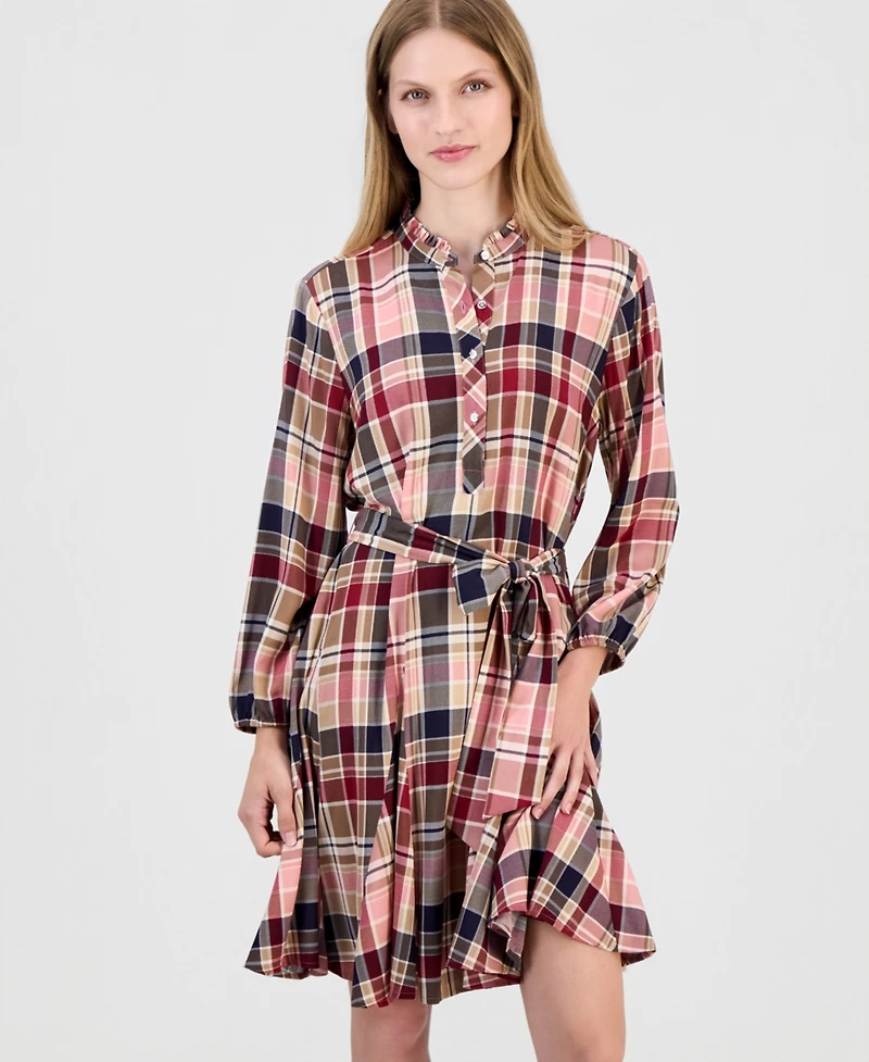 Nautica Women's Plaid Ruffled-Neckline Long-Sleeve Shirtdress