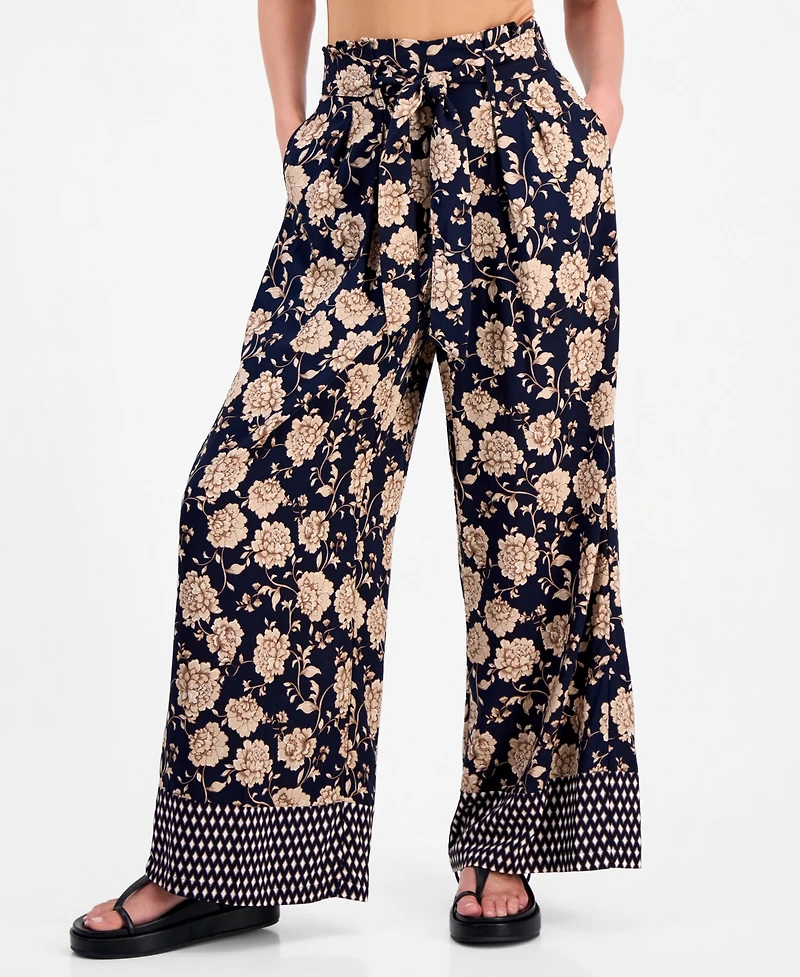 Nautica Women's Floral-Print Wide-Leg Paperbag-Waist Pants