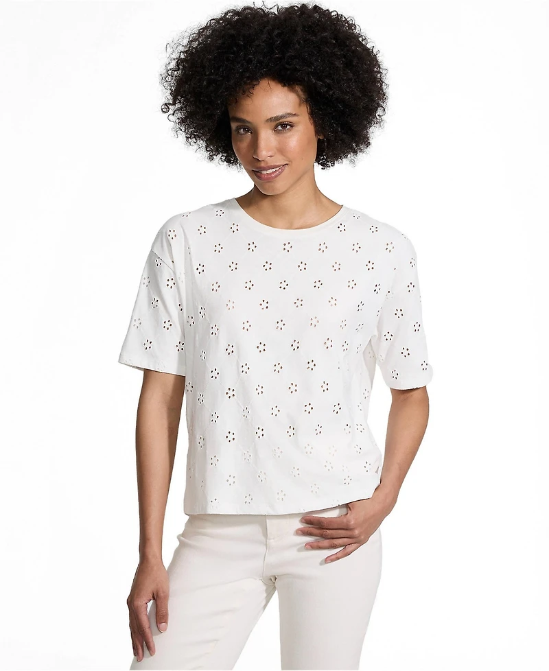 Lands' End Women's Short Sleeve Eyelet Crewneck T-Shirt