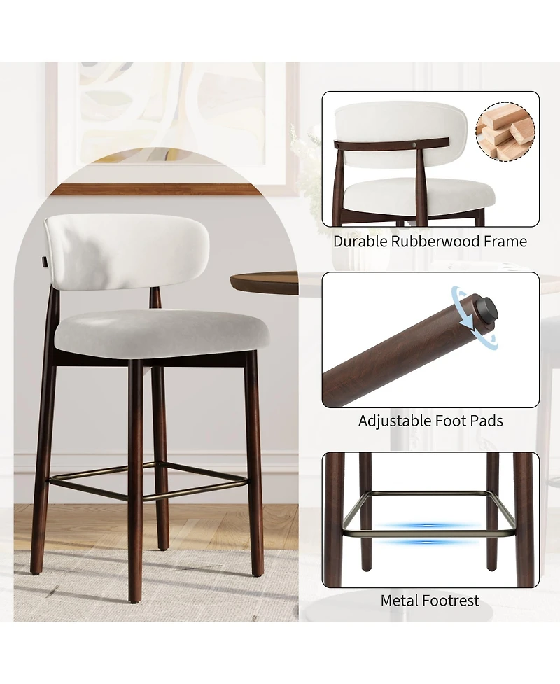 homfan 2/4 Upholstered Bar Stools, Counter Height with Wood Legs, Kitchen Island Stools Back, Linen Fabric, Curved Metal Footrest,