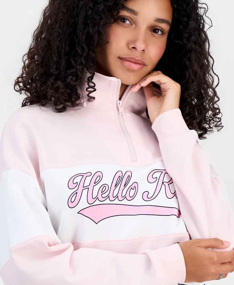 Sanrio Juniors' Hello Kitty Varsity Quarter-Zip Fleece Pullover Sweatshirt