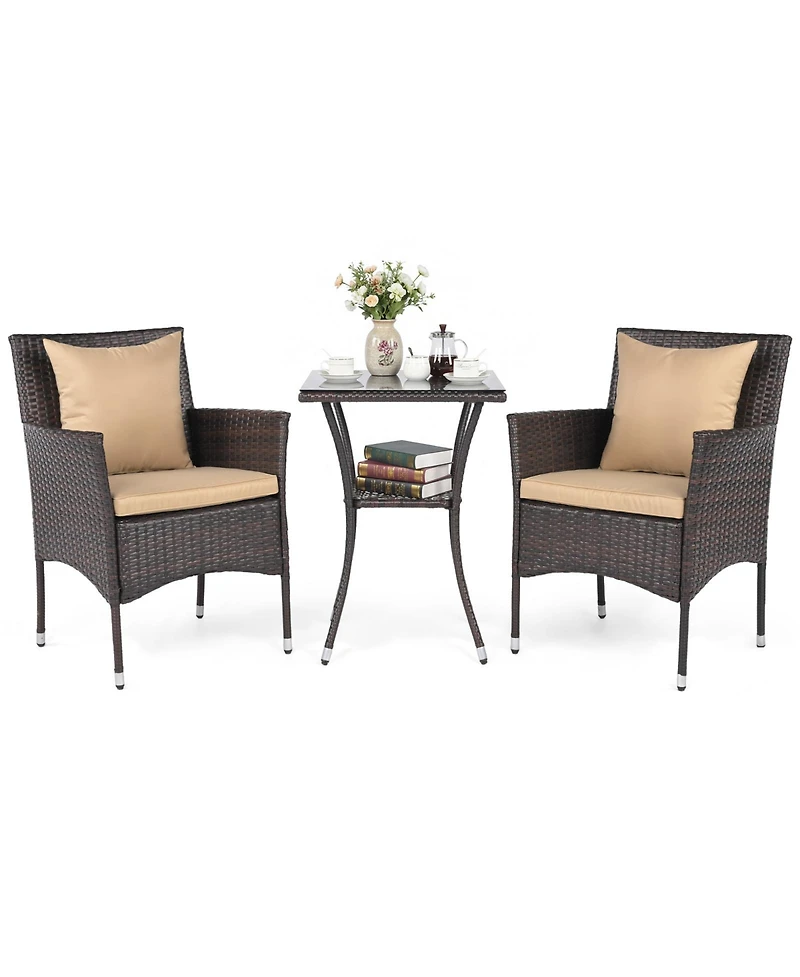 3 Pcs Patio Furniture Set witn Cushioned Chairs & Tempered Glass Coffee Table