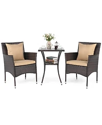 3 Pcs Patio Furniture Set witn Cushioned Chairs & Tempered Glass Coffee Table