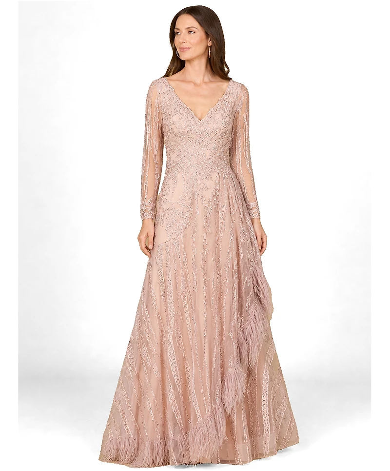 Lara Women's Long Sleeve V-Neck Lace Gown with Feathers