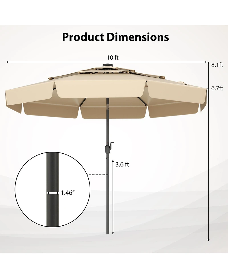 Gouun 10 feet Solar Patio Umbrella with 32 Led Lights, 3-Tier Vented Top and Ruffled Edges