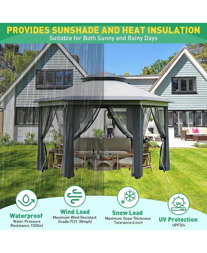 gaomon 13' x 13' Hexagonal Pop Up Gazebo Canopy Shelter For Backyard, Garden, Lawn