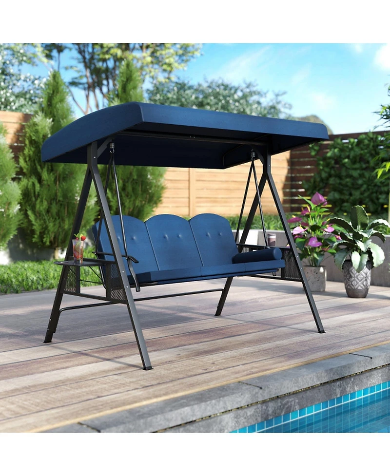 Gouun 3-Seat Outdoor Patio Porch Swing Chair with Adjustable Canopy, Cushions, Pillow and Side Trays