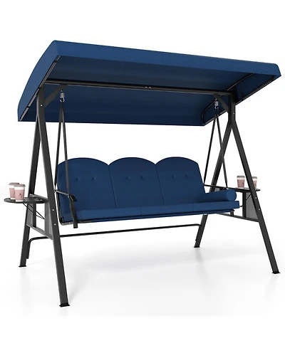 Gouun 3-Seat Outdoor Patio Porch Swing Chair with Adjustable Canopy, Cushions, Pillow and Side Trays
