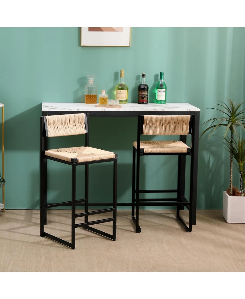 Flynama Set Of 2 Hand Woven Paper Rope Bar Stools with Backrest Metal Frame Modern Dining Chairs for Kitchen Island Counter