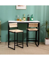 Flynama Set Of 2 Hand Woven Paper Rope Bar Stools with Backrest Metal Frame Modern Dining Chairs for Kitchen Island Counter