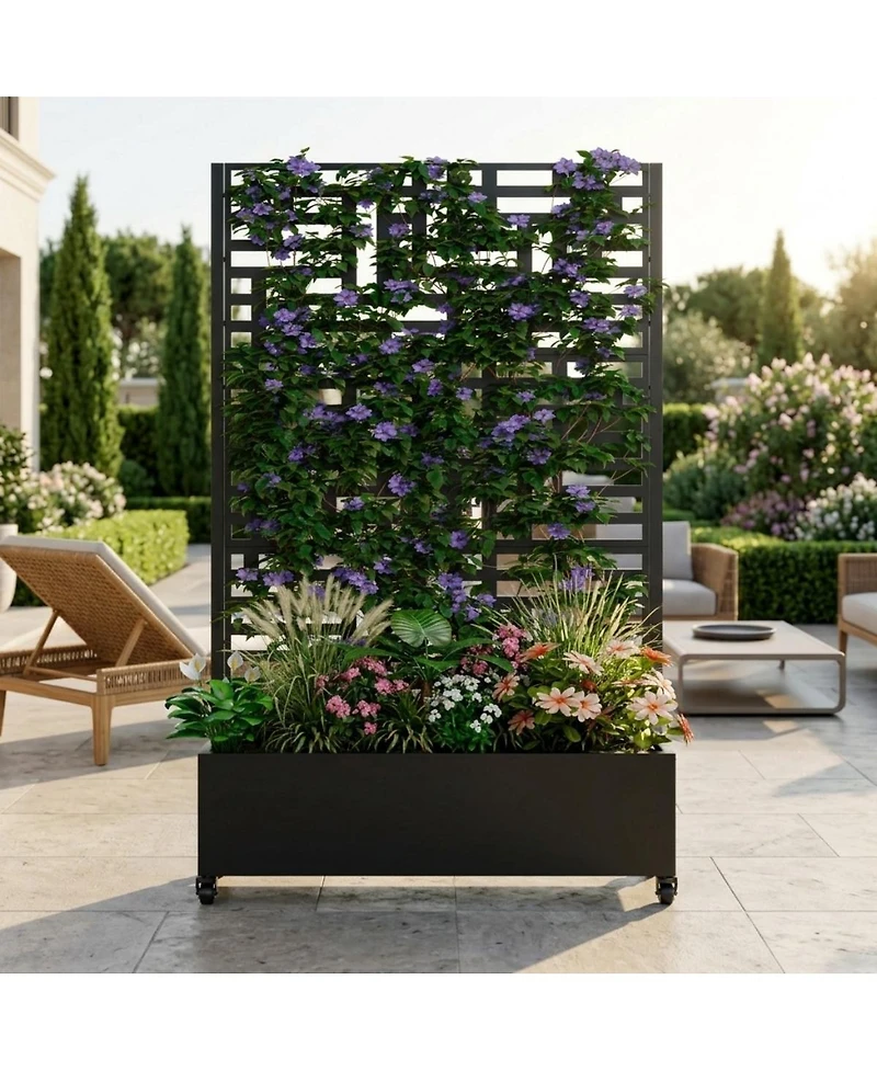 Asagikoiai Outdoor Metal Planter Box with Trellis, Raised Garden Bed with Wheels and Privacy Screen