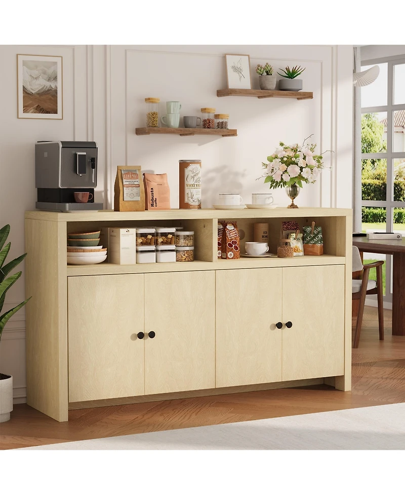 homfan Farmhouse Buffet Sideboard with Storage, 55 Inch Cabinet 4 Doors and Adjustable Shelves, Multi-Purpose Coffee Bar