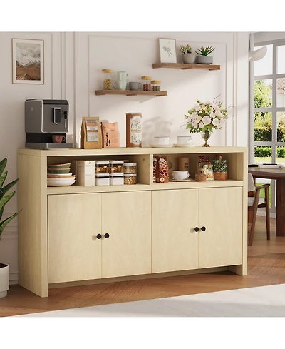 homfan Farmhouse Buffet Sideboard with Storage, 55 Inch Cabinet 4 Doors and Adjustable Shelves, Multi-Purpose Coffee Bar