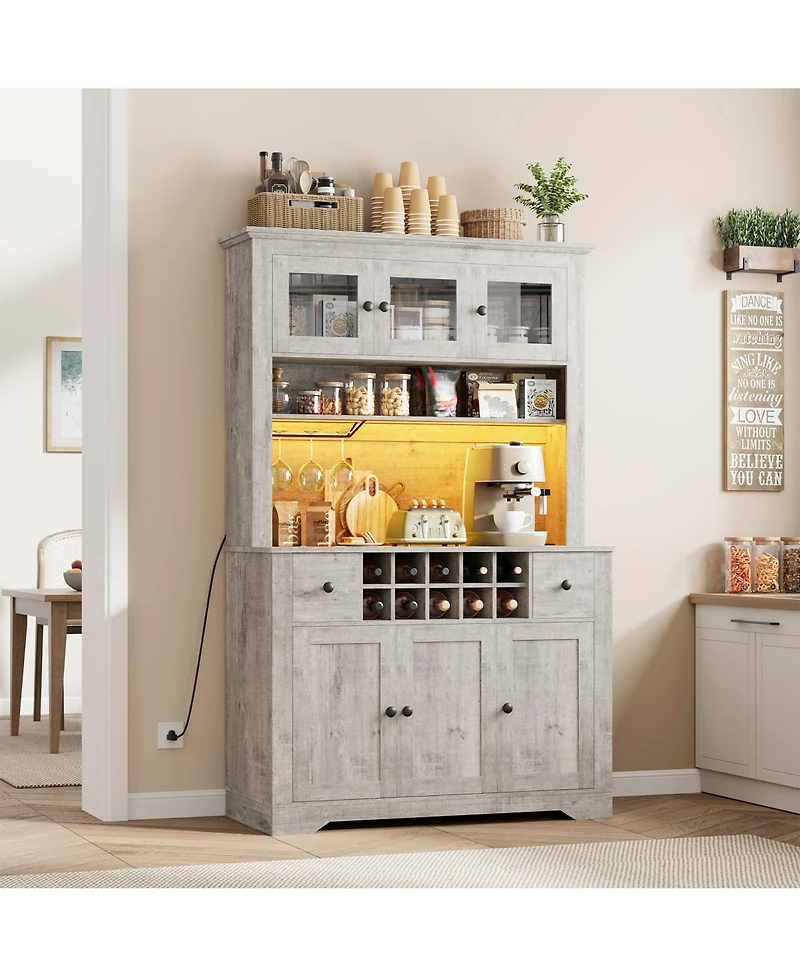homfan 68.7 Inch Kitchen Pantry Cabinet with Led Lights and Charging Station, Large Hutch Wine Rack Adjustable Shelves