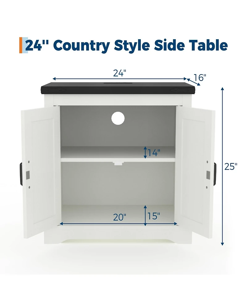 homfan Farmhouse End Table with Charging Station, Barn Door Nightstand with Adjustable Shelf for Bedroom, Living Room, or Office