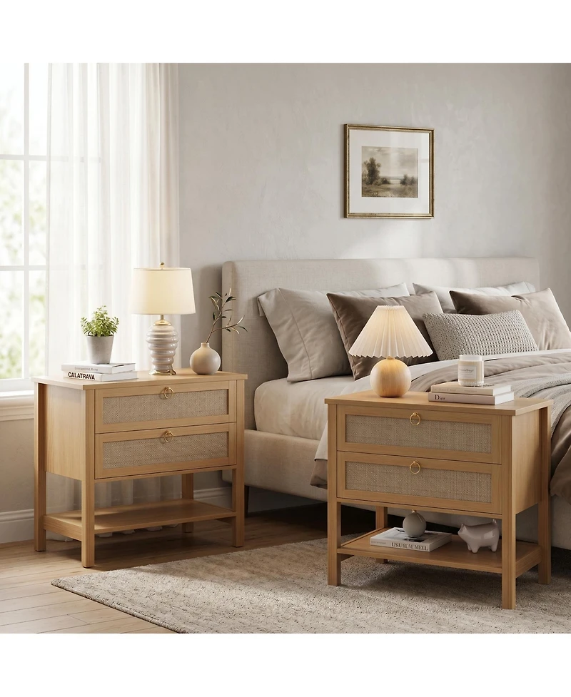 homfan Set of 2 Mid Century Modern Rattan Nightstands, Wooden Bedside Tables with Drawer and Storage Shelf, Narrow Design for Bedroom Living Room